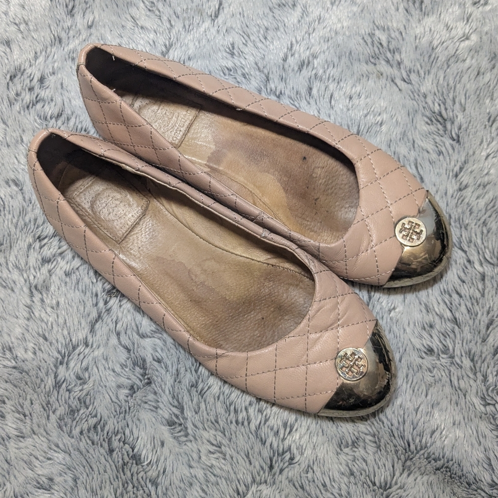 Tory Burch Quilted Flats in Pink with Gold Accents
